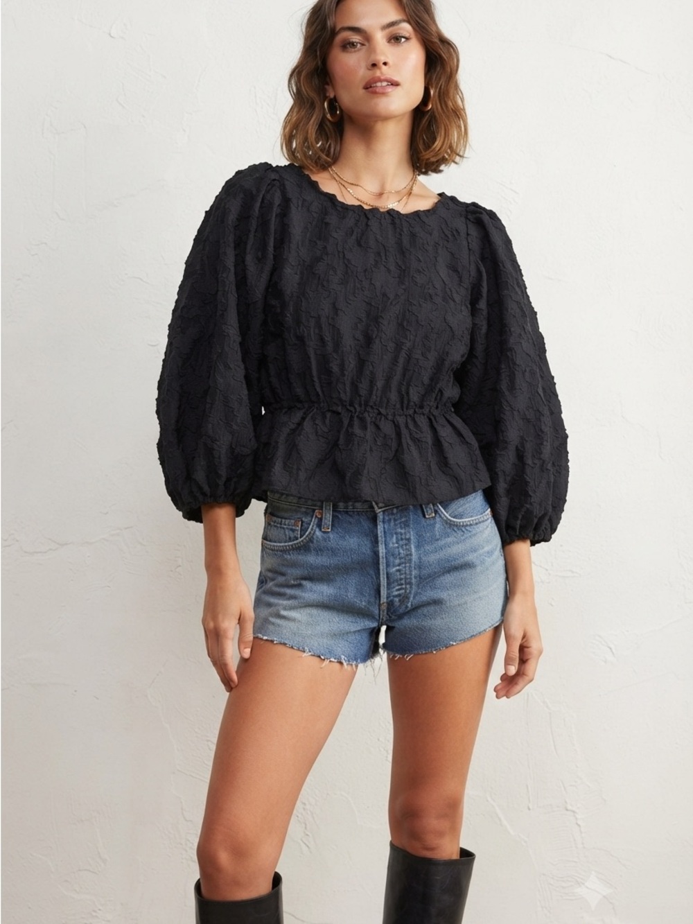 Free People Black Burnout Jacquard Puff Sleeve Peplum Top Size S